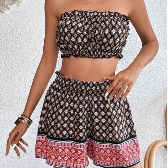 Pants - Floral & Geo Print Tube Top & Shorts 2 Pc Set